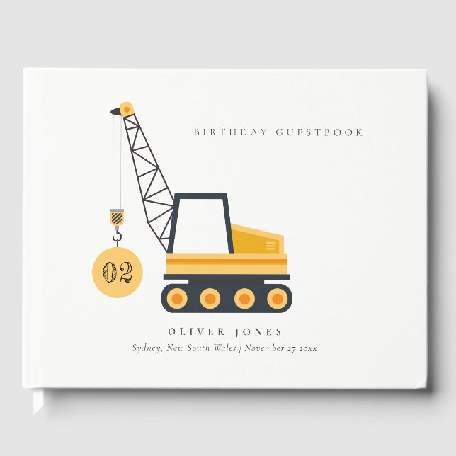 Cute Construction Crane Vehicle Any Age Birthday Guest Book (Front)