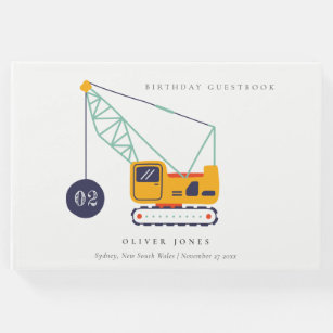 Cute Construction Crane Vehicle Any Age Birthday Guest Book