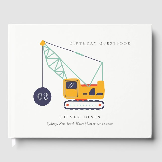 Cute Construction Crane Vehicle Any Age Birthday Guest Book (Front)