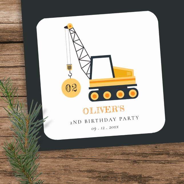 Cute Construction Crane Vehicle Any Age Birthday Square Sticker (Creator Uploaded)