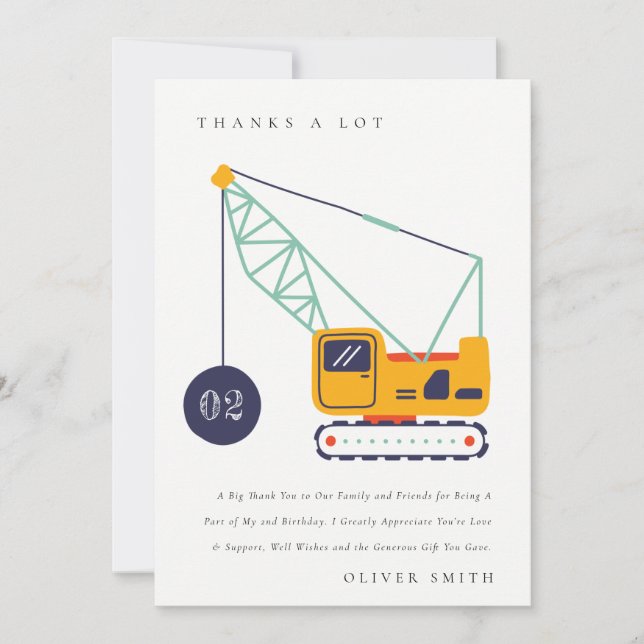 Cute Construction Crane Vehicle Any Age Birthday Thank You Card (Front)