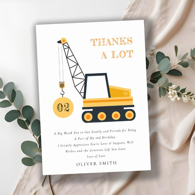 Cute Construction Crane Vehicle Any Age Birthday Thank You Card (Creator Uploaded)