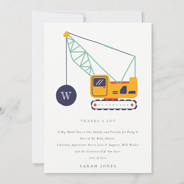 Cute Construction Crane Vehicle Baby Shower Thank You Card (Front)