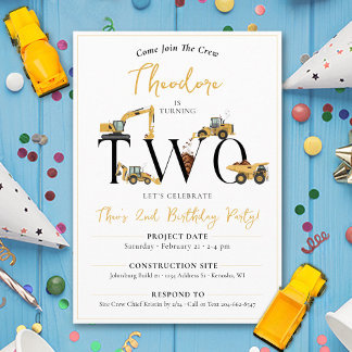 Cute Construction Dump Truck 2nd Birthday Party Invitation