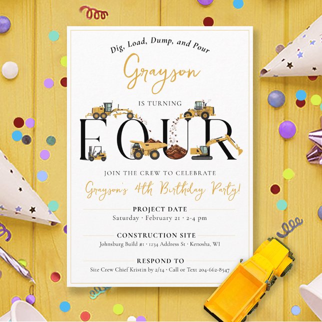 Cute Construction Dump Truck 4th Birthday Party Invitation (Boys fun construction theme party dump trucks digger join the crew FOUR 4th birthday invitation)