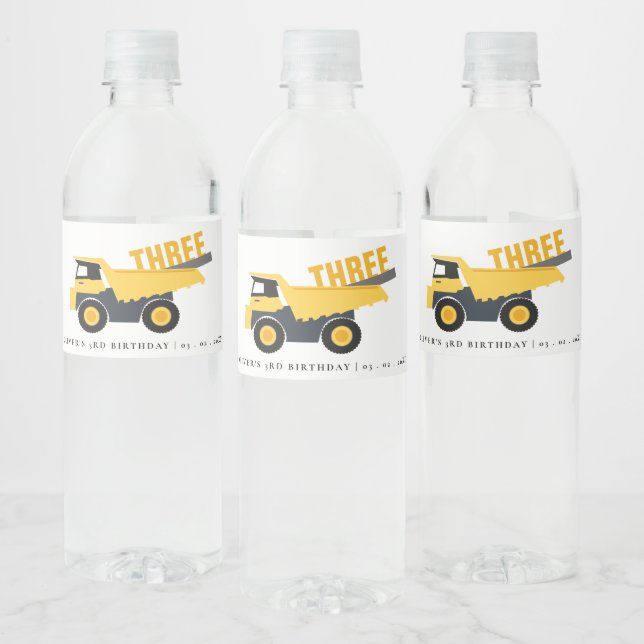 Cute Construction Dump Truck Any Age Birthday Water Bottle Label (Bottles)
