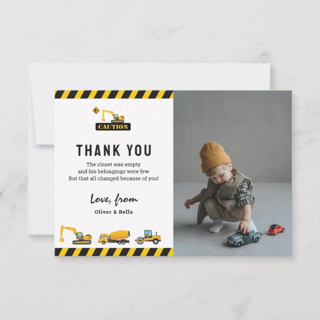 Cute Construction Dump Truck Photo Birthday Thank You Card (Front)