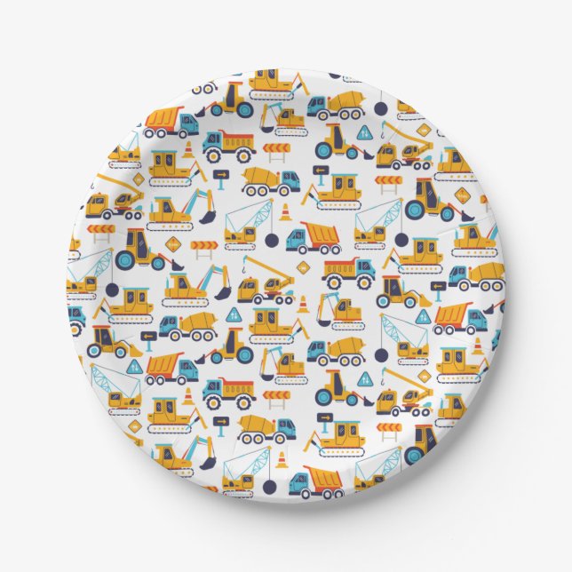 Cute Construction Dump Trucks Cars Birthday Party Paper Plate (Front)