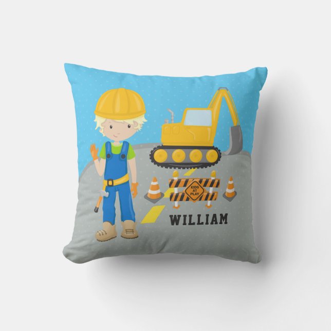 Cute Construction Excavator Vehicle Truck Road Boy Cushion (Front)