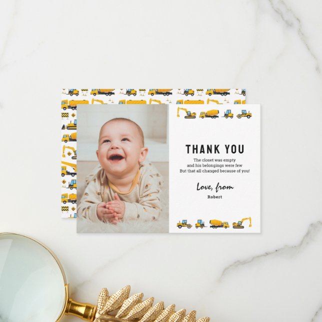 Cute Construction Photo Birthday Thank You Note (Front/Back In Situ)