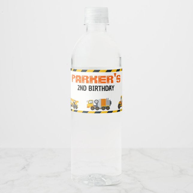 Cute Construction Theme Kid's Birthday Party Water Bottle Label (Front)