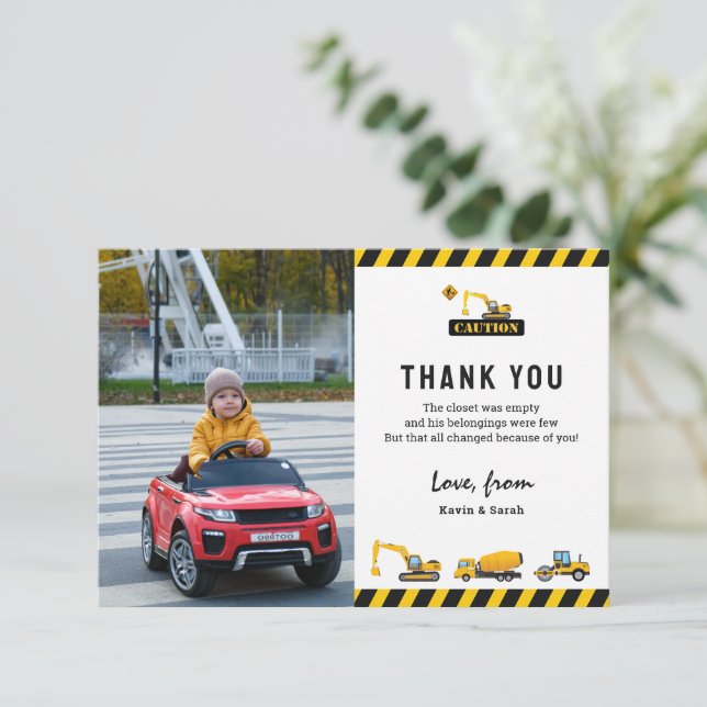 Cute Construction Trucks Photo Birthday Thank You Card (Standing Front)