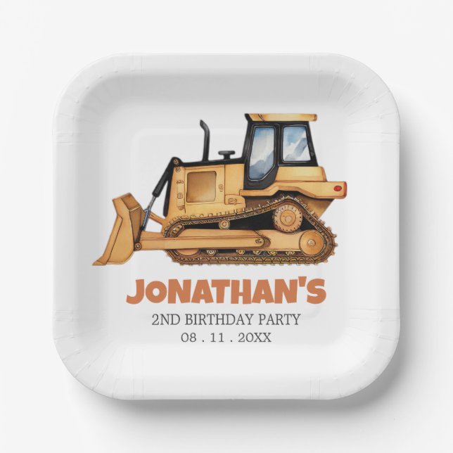 Cute Construction Vehicle Bulldozer Birthday Party Paper Plate (Front)