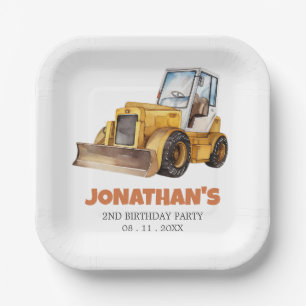 Cute Construction Vehicle Bulldozer Birthday Party Paper Plate