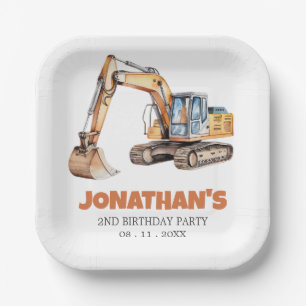 Cute Construction Vehicle Excavator Birthday Party Paper Plate