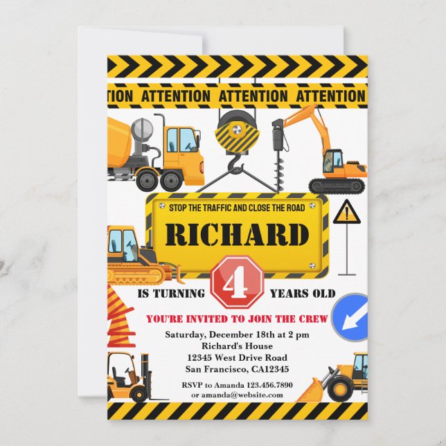 Cute Construction Vehicle Kids Birthday Party Invitation (Front)