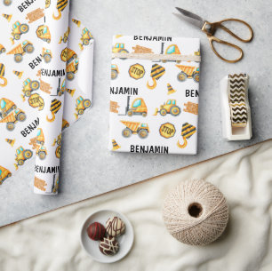 Cute Construction Vehicles Boy Birthday Wrapping Paper