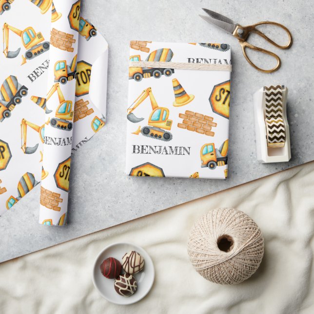 Cute Construction Vehicles Boy Birthday Wrapping Paper (Crafts)