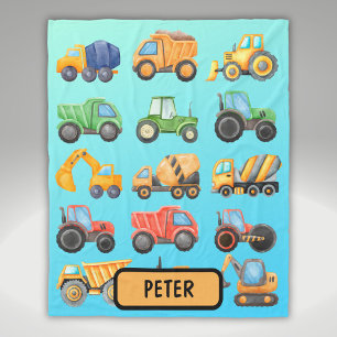 Cute Construction Vehicles Boys Personalised Fleece Blanket