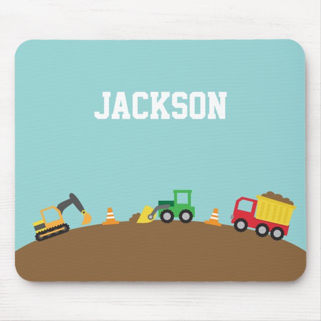 Cute Construction Vehicles Boys Personalised Mouse Mat (Front)