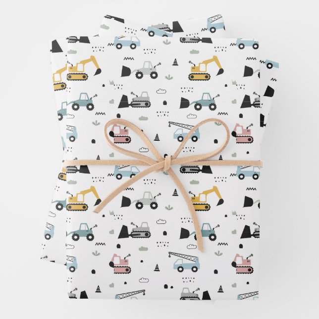 Cute Construction Vehicles Pattern Wrapping Paper Sheet (In situ)