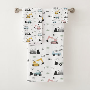 Cute Construction Vehicles Seamless Pattern Bath Towel Set
