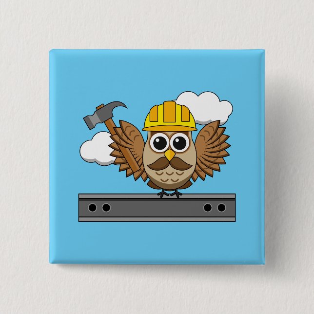 Cute Construction Worker Owl with Hard Hat Cartoon 15 Cm Square Badge (Front)