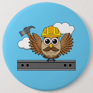Cute Construction Worker Owl with Hard Hat Cartoon 6 Cm Round Badge