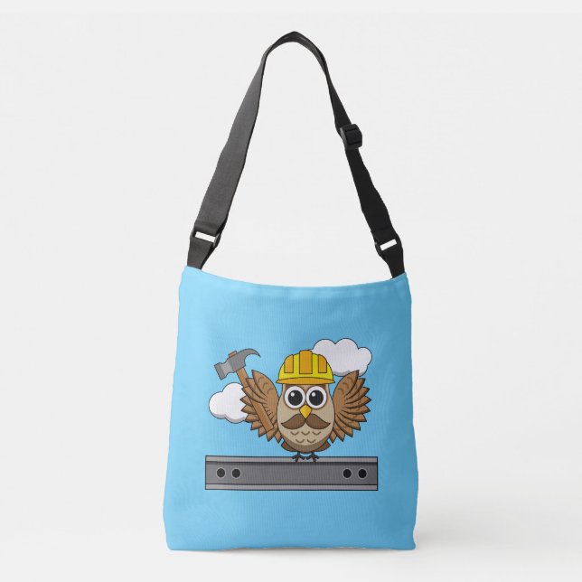 Cute Construction Worker Owl with Hard Hat Cartoon Crossbody Bag (Front)