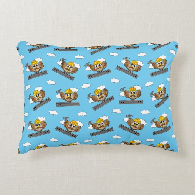 Cute Construction Worker Owl with Hard Hat Cartoon Decorative Cushion (Front)