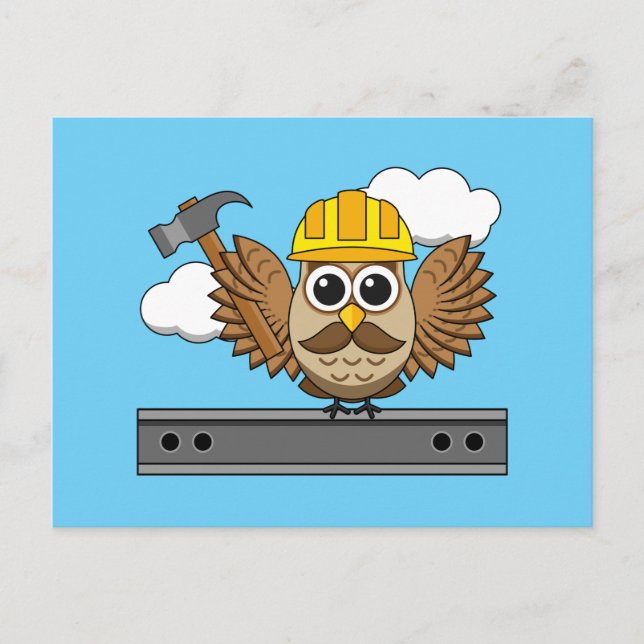 Cute Construction Worker Owl with Hard Hat Cartoon Holiday Postcard (Front)