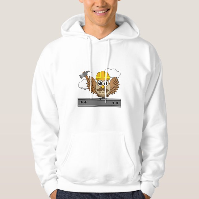 Cute Construction Worker Owl with Hard Hat Cartoon Hoodie (Front)