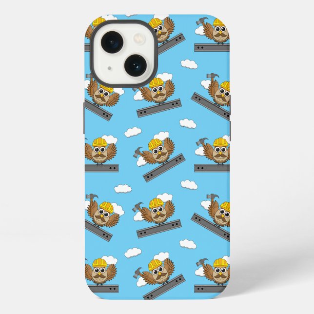Cute Construction Worker Owl with Hard Hat Cartoon iPhone Case (Back)