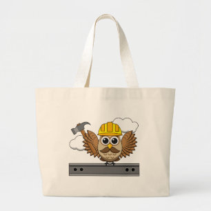 Cute Construction Worker Owl with Hard Hat Cartoon Large Tote Bag