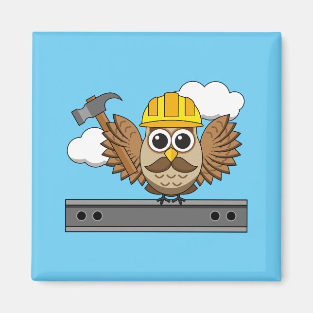 Cute Construction Worker Owl with Hard Hat Cartoon Magnet (Front)