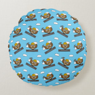Cute Construction Worker Owl with Hard Hat Cartoon Round Cushion
