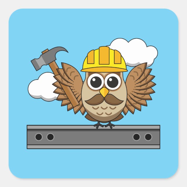 Cute Construction Worker Owl with Hard Hat Cartoon Square Sticker (Front)