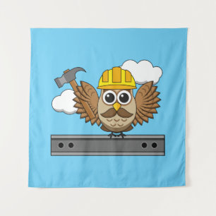 Cute Construction Worker Owl with Hard Hat Cartoon Tapestry