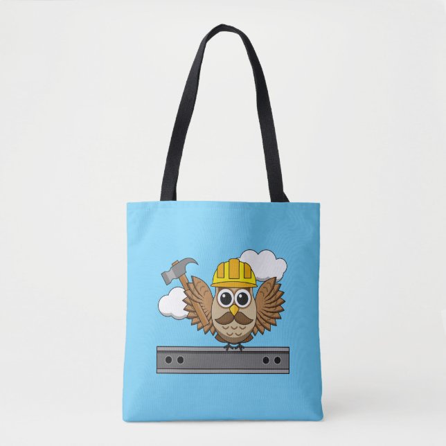 Cute Construction Worker Owl with Hard Hat Cartoon Tote Bag (Front)