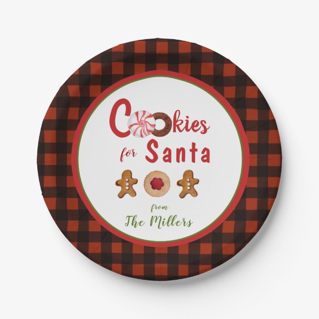 Cute Cookies for Santa red & black plaid border Paper Plate (Front)
