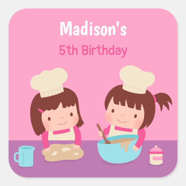 Cute Cooking Baking Girls Birthday Party Favours Square Sticker (Front)
