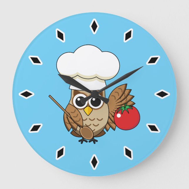 Cute Cooking Owl Cartoon Large Clock (Front)