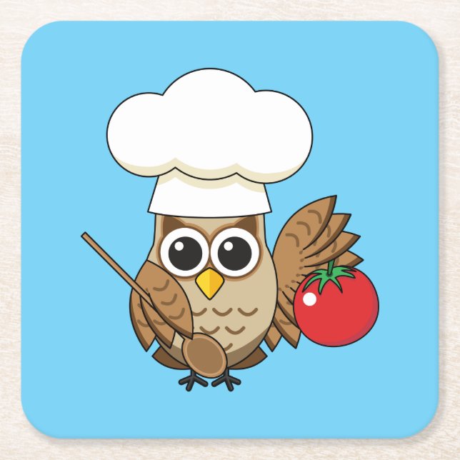 Cute Cooking Owl Cartoon Square Paper Coaster (Front)