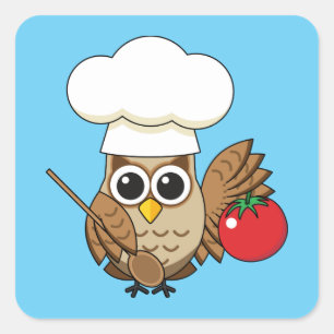 Cute Cooking Owl Cartoon Square Sticker