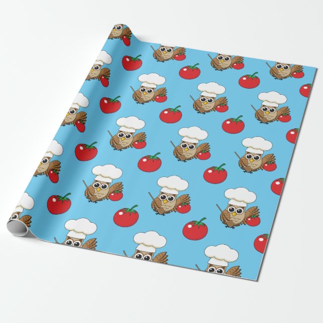 Cute Cooking Owl Cartoon Wrapping Paper (Unrolled)
