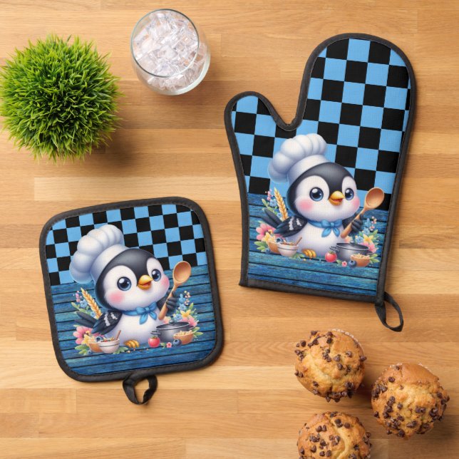 Cute cooking penguin kitchen oven mitt & pot holder set (Top Down)