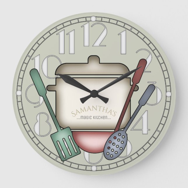 Cute Cooking Pot And Kitchen Utensils Custom Colou Large Clock (Front)