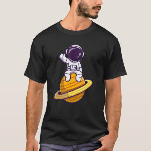 Cute Cool Astronaut Sitting On Planet Saturn And W T-Shirt