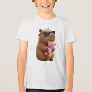 Cute Cool Capybara Hugging Teddy Bear Kids T-Shirt Tri-Blend Shirt