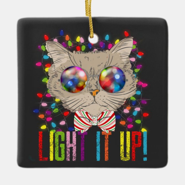 Cute & Cool Christmas Cat w/ Lights & Photo Cerami Ceramic Ornament (Front)